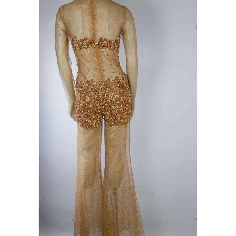 VTG One of a Kind Couture Jumpsuit Sheer Metallic Gold Beaded Wide Leg Designer - Picture 2 of 16